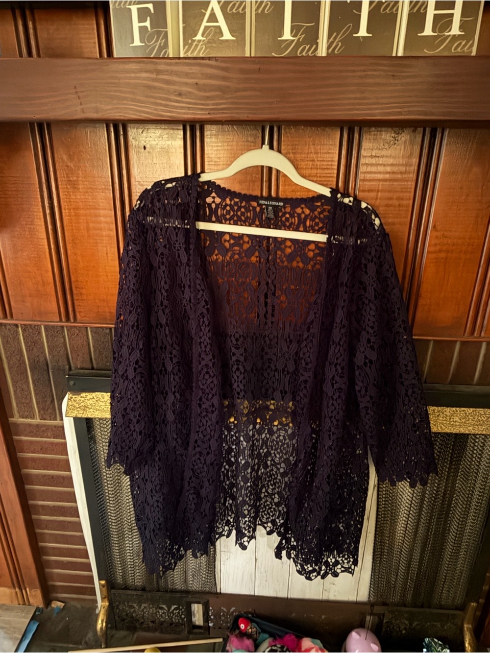 Nina Leonard Dark Purple Crochet Lace Open-Front Cardigan